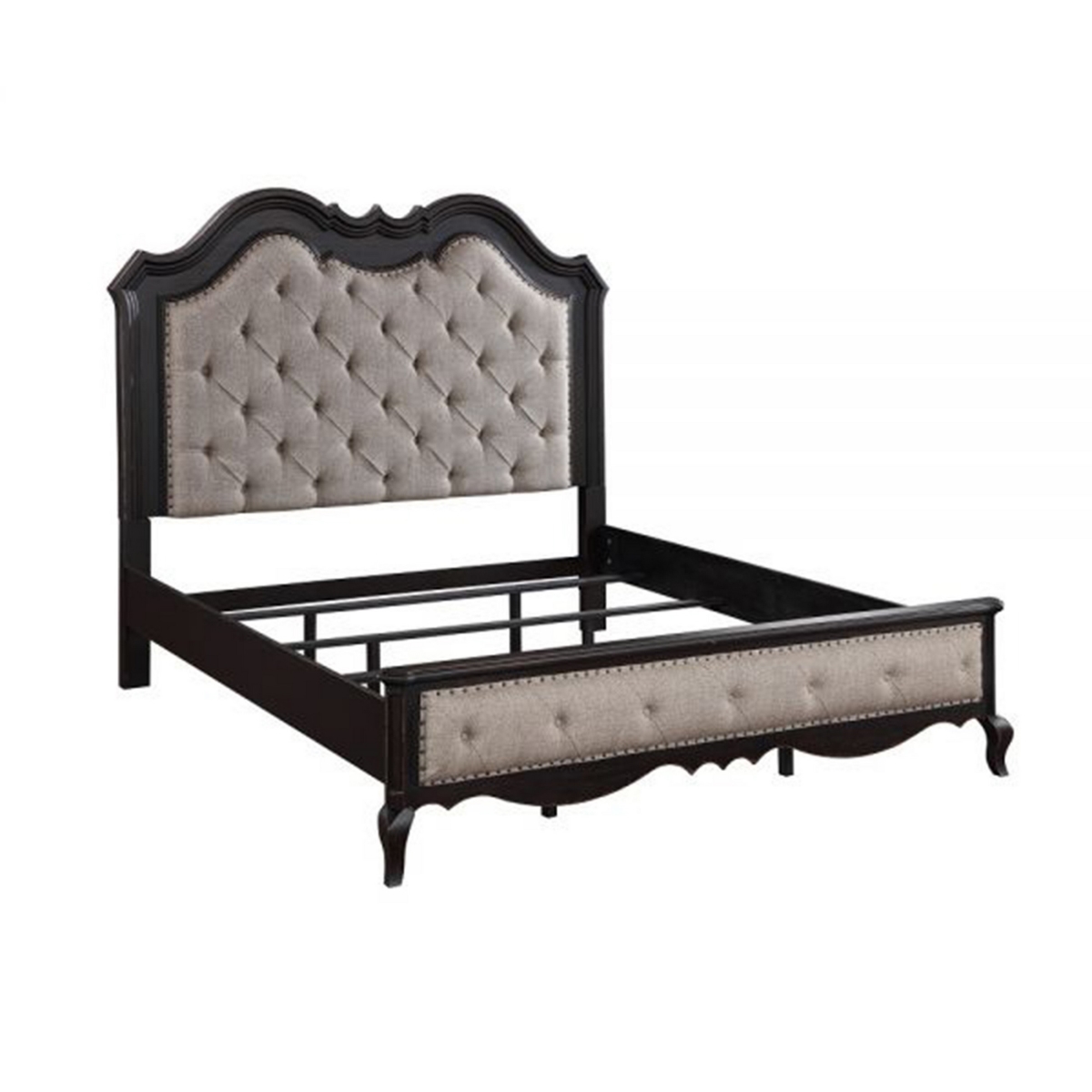 BM309666 Chery Queen Bed with Button Tufted Headboard Beige Upholstery, Black - Queen Size -  Benjara