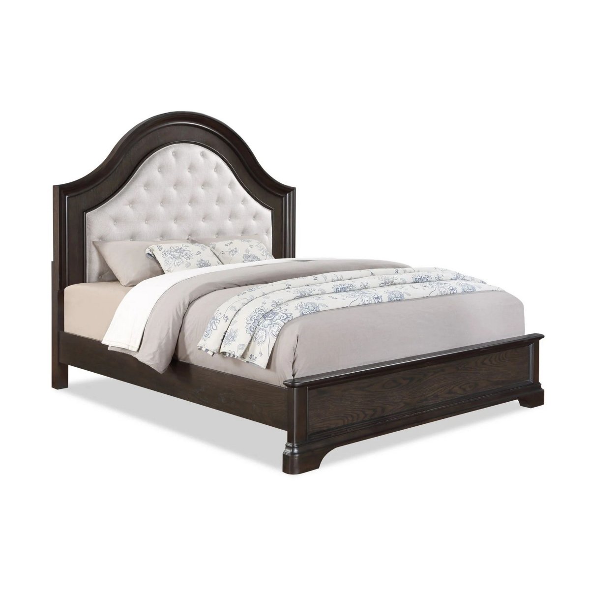 BM307277 Dam Curved Headboard Cream Fabric Upholstery Brown Wood Queen Bed - Queen Size -  Benjara