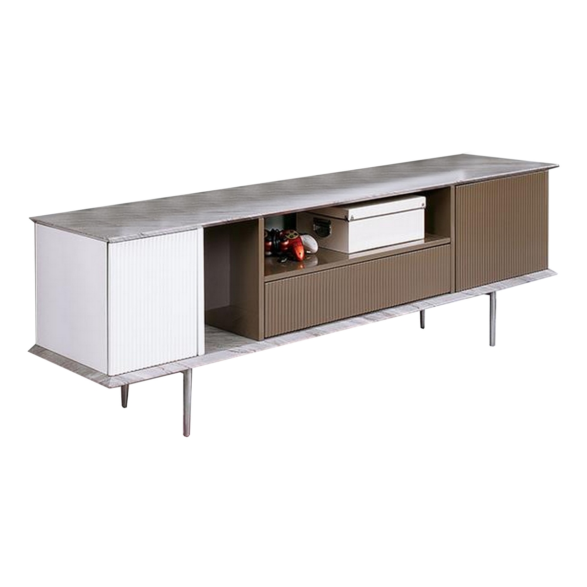 Picture of Benjara BM312169 70 in. TV Entertainment Console&#44; 1 Drawer - Shelves - White & Brown&#44; Gray
