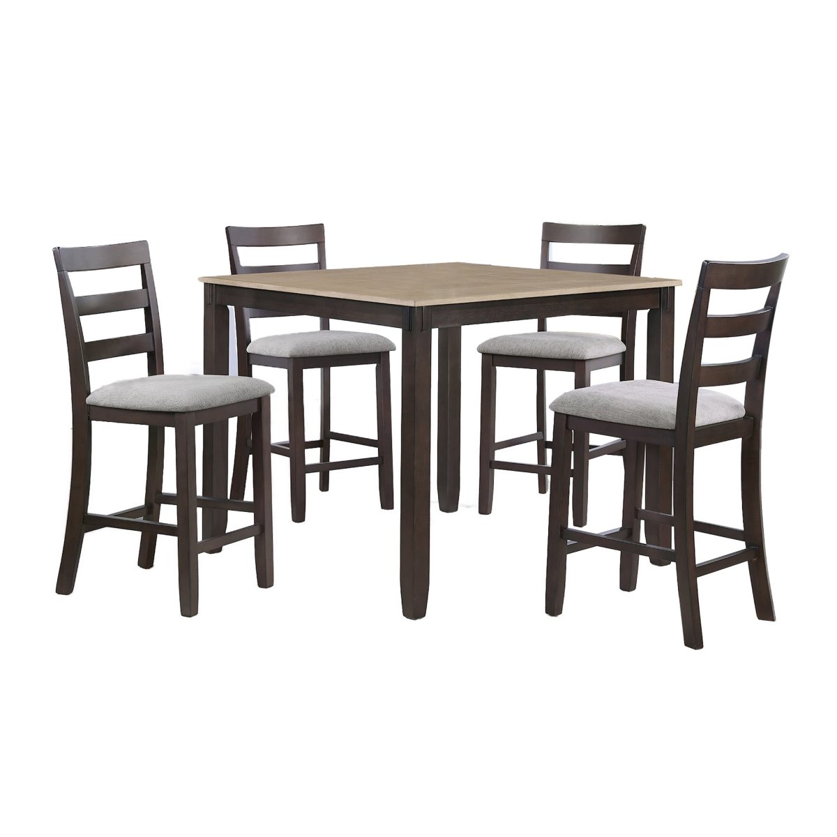 BM311789 Cameron 5 Piece Set Counter Height Dining Table & Chairs, Brown - Gray Fabric -  Benjara