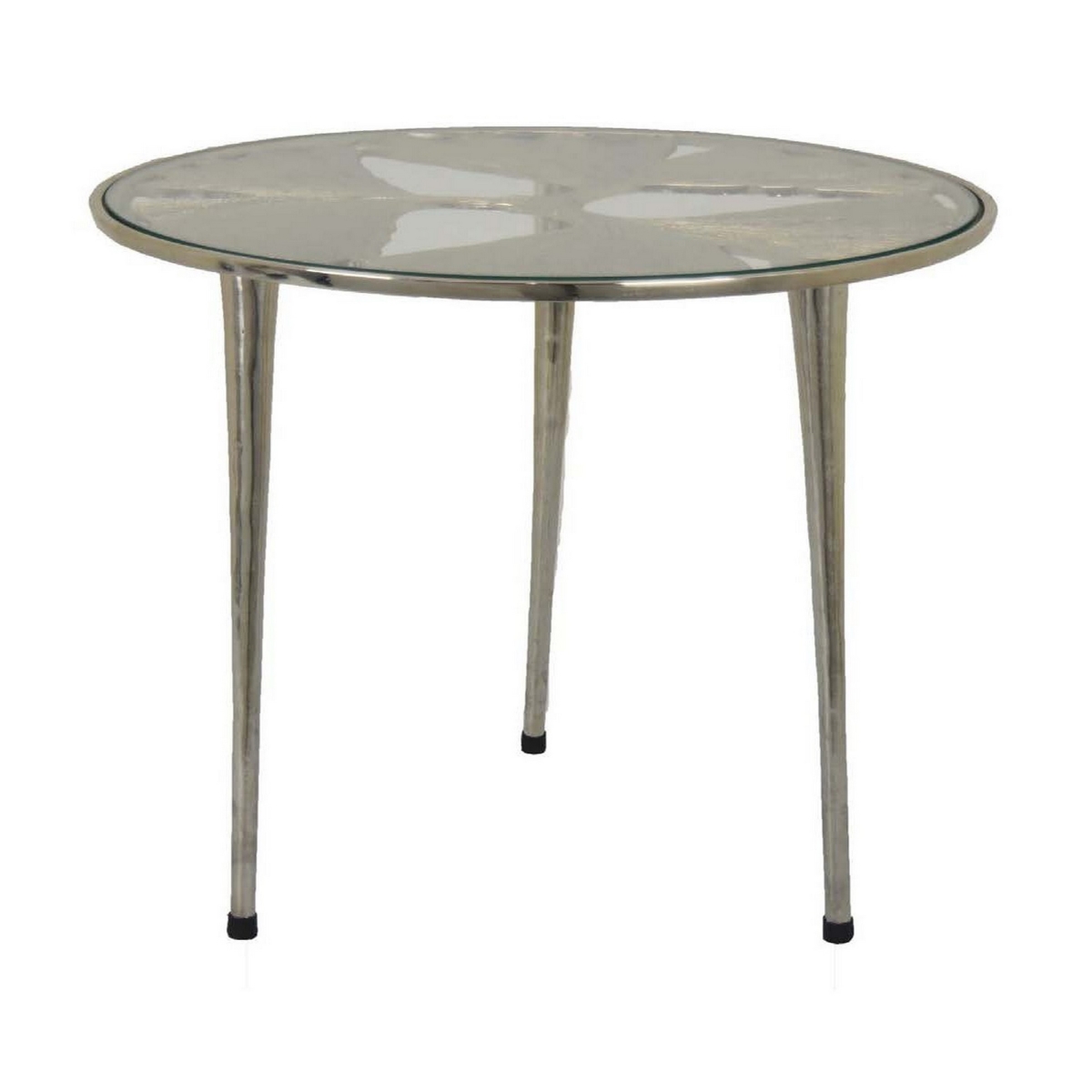 Picture of Benjara BM312657 22 in. Gimi Round Top Accent Table&#44; Leaf Print&#44; 3 Legs - Silver Metal