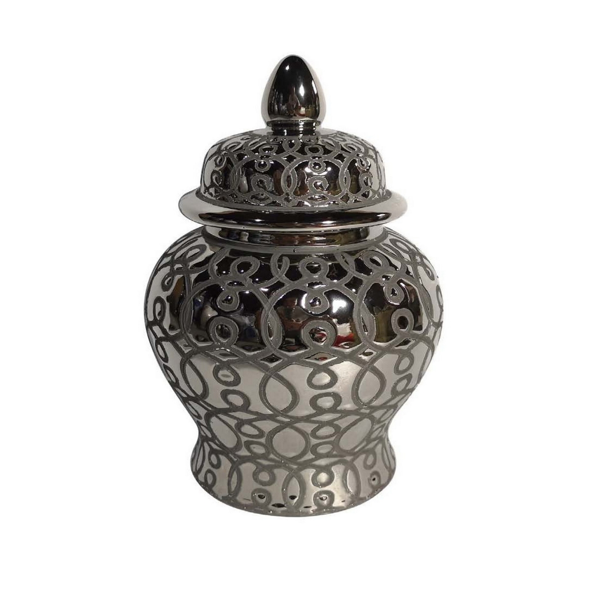 Picture of Benjara BM312722 12 in. Deni Temple Jar with Lid&#44; Decorative Floral Ceramic&#44; Silver