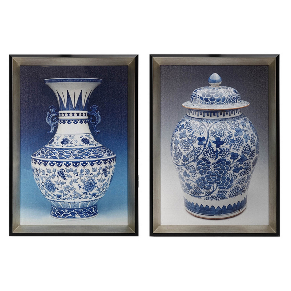 Picture of Benjara BM312839 14 x 20 in. Framed Wall Art Prints&#44; Pot Design&#44; Blue & White&#44; Black - Set of 2