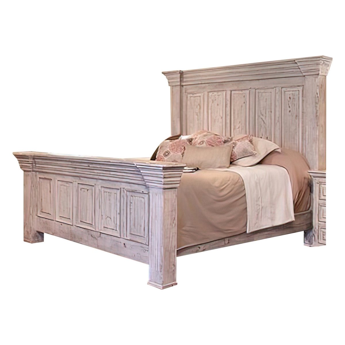 BM307458 Abi Pine Wood, Classic Molded Frame Design Bed, Antique White - Queen Size -  Benjara