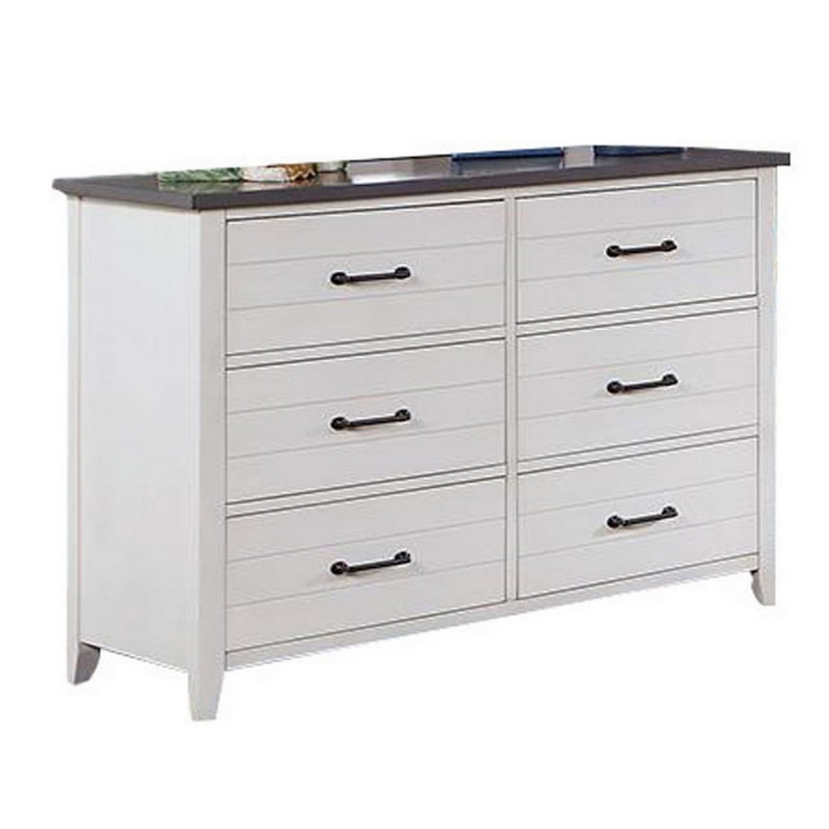 BM312114 48 in. Akira Wide Dresser, 6 Drawers, White Solid Wood & Gray Top -  Benjara