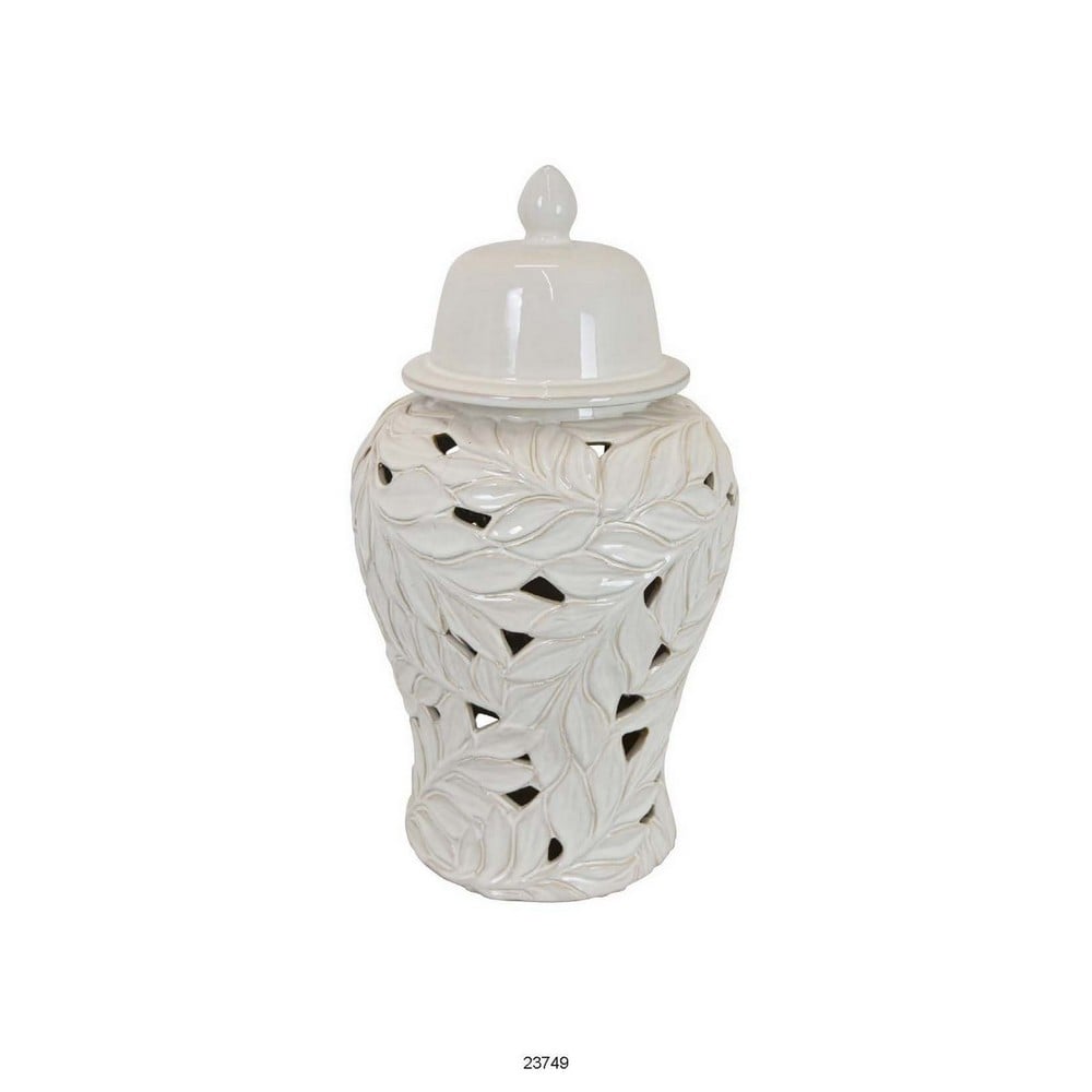 Picture of Benjara BM312582 19 in. Heni Ceramic Temple Jar with Lid&#44; Cut Out Leaf Motifs&#44; White