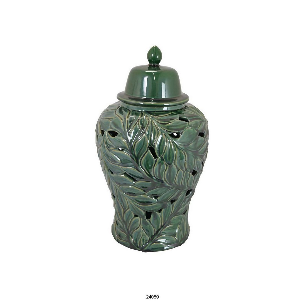 Picture of Benjara BM312583 19 in. Heni Ceramic Temple Jar with Lid&#44; Cut Out Leaf Motifs&#44; Green Finish