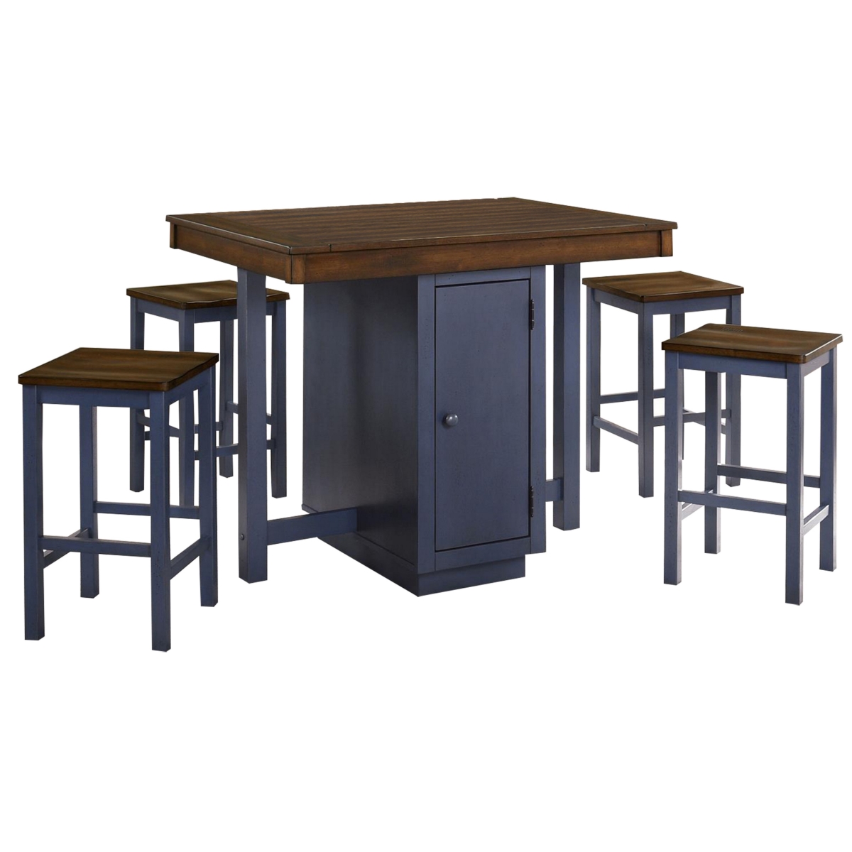 BM312191 Counter Height Dining Table Set with 4 Stools, Antique Oak & Blue - 5 Piece -  Benjara