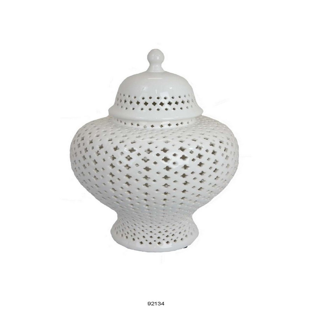 Picture of Benjara BM312556 20 in. Decorative Temple Jar with Carved Out Details & Dome Lid&#44; White Ceramic