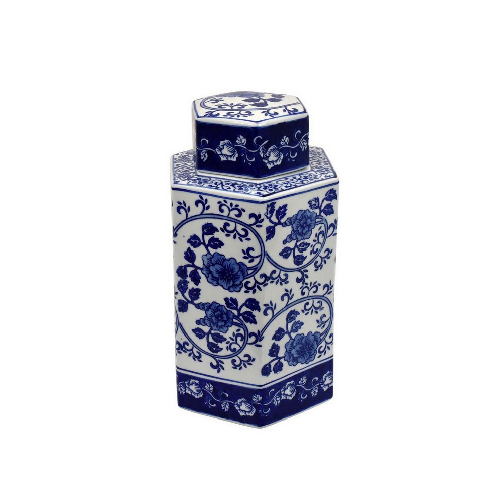 Picture of Benjara BM312603 13 in. Ceramic Ginger Jar with Lid&#44; Intricate Floral&#44; Blue & White