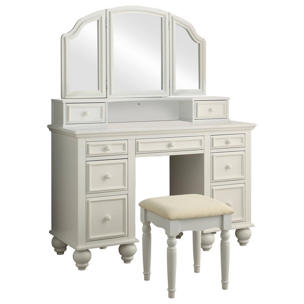 Picture of Benjara BM312295 Cael 60 in. Vanity Desk with Stool - Drawers - 3 Sided Mirror - Wood - White & Beige