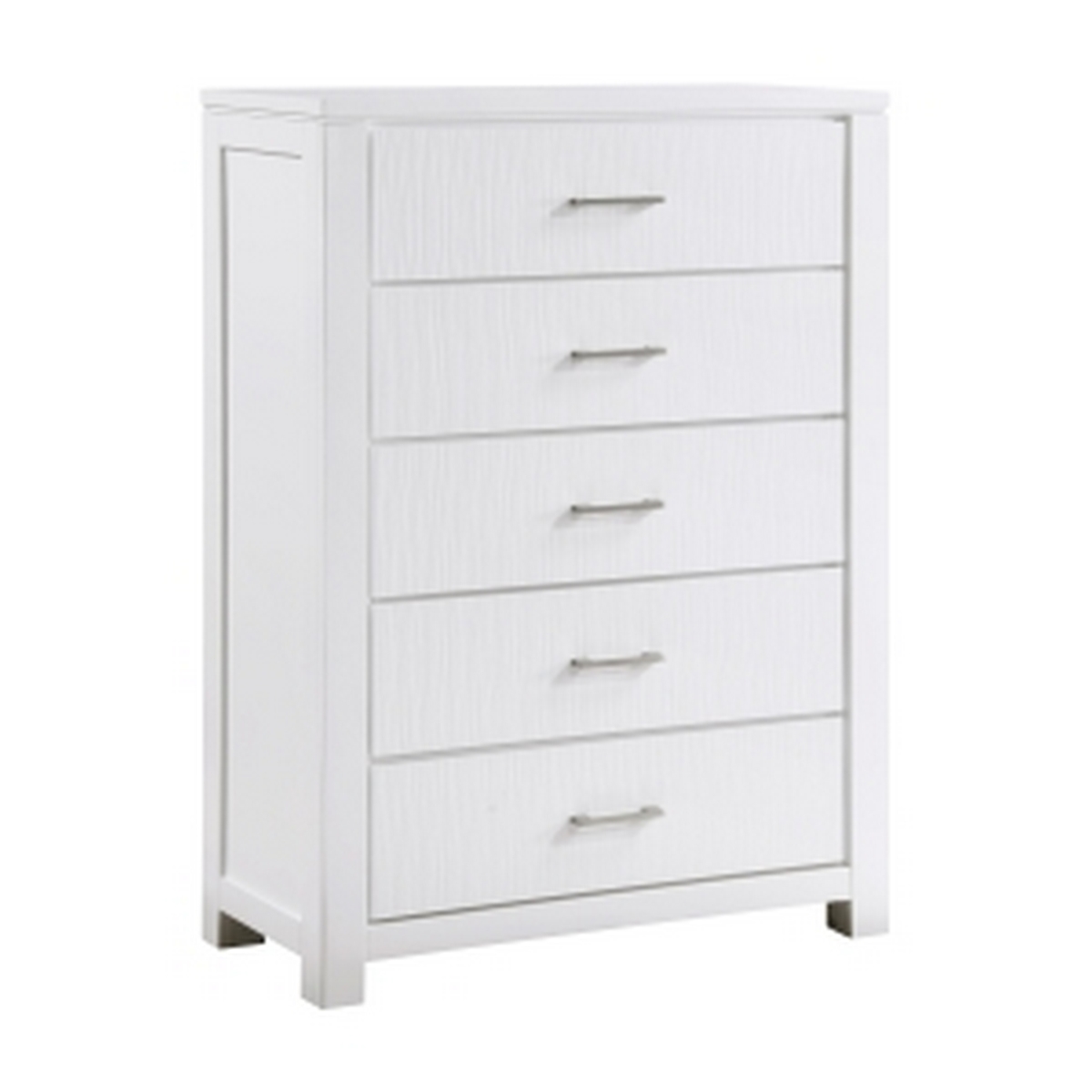 BM313196 Roni 52 in. Tall Dresser Chest - 5 Drawers - Embossed - Solid Wood - White & Chrome -  Benjara