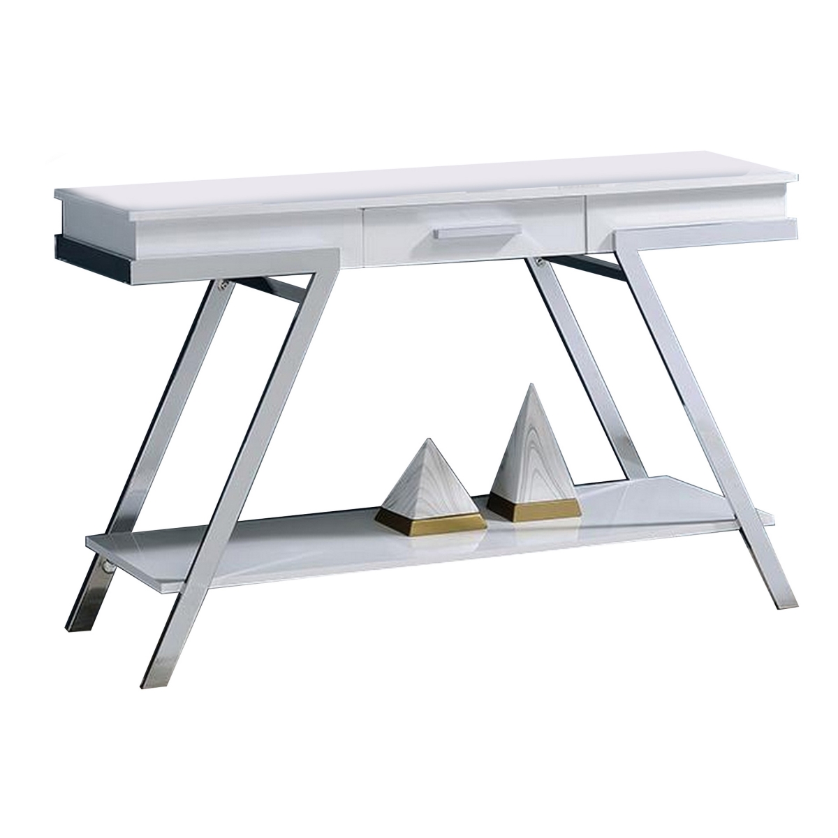 Picture of Benjara BM313233 48 in. Tius Open Shelf Sofa Table&#44; Chrome Frame & High Gloss White Finish
