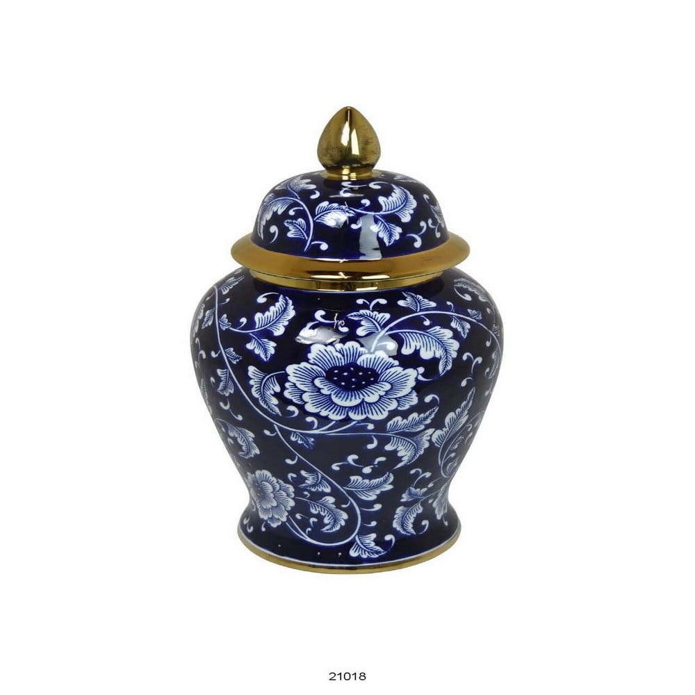 Picture of Benjara BM312579 18 in. Sen Blue & White Floral Design Ceramic Temple Jar with Lid&#44; Gold