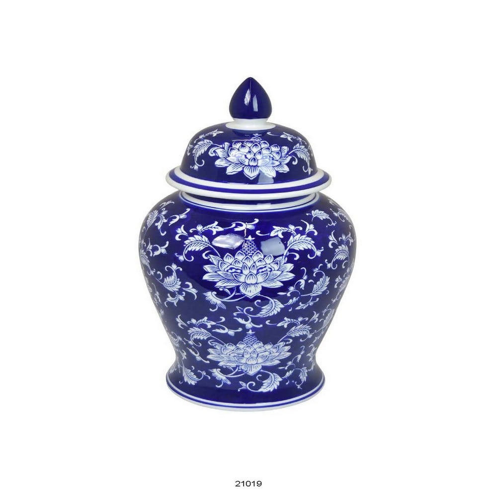 Picture of Benjara BM312580 18 in. Sen Ceramic Temple Jar with Lid&#44; Blue & White Flower Design