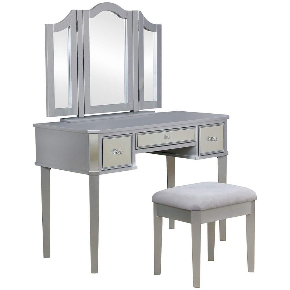 Picture of Benjara BM312288 43 in. 3 Sided Mirrors Drawers Vanity Desk with Stool&#44; Silver Wood Frame