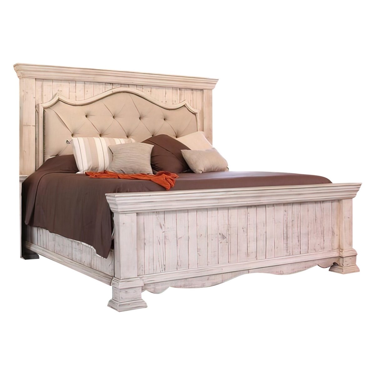 BM307460 Belo Bed with Pine Wood & Beige Upholstered Headboard, Distressed White - Queen -  Benjara