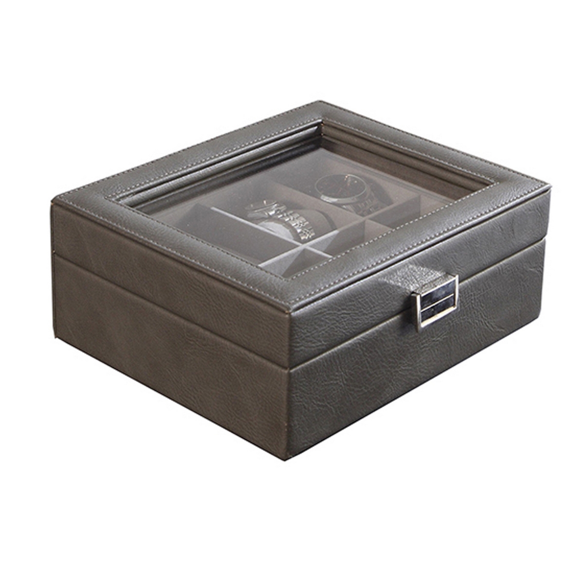 Picture of Benjara BM311748 9 in. Lined Glass Lid Watch Case with 8 Spaces&#44; Gray Faux Leather - Black