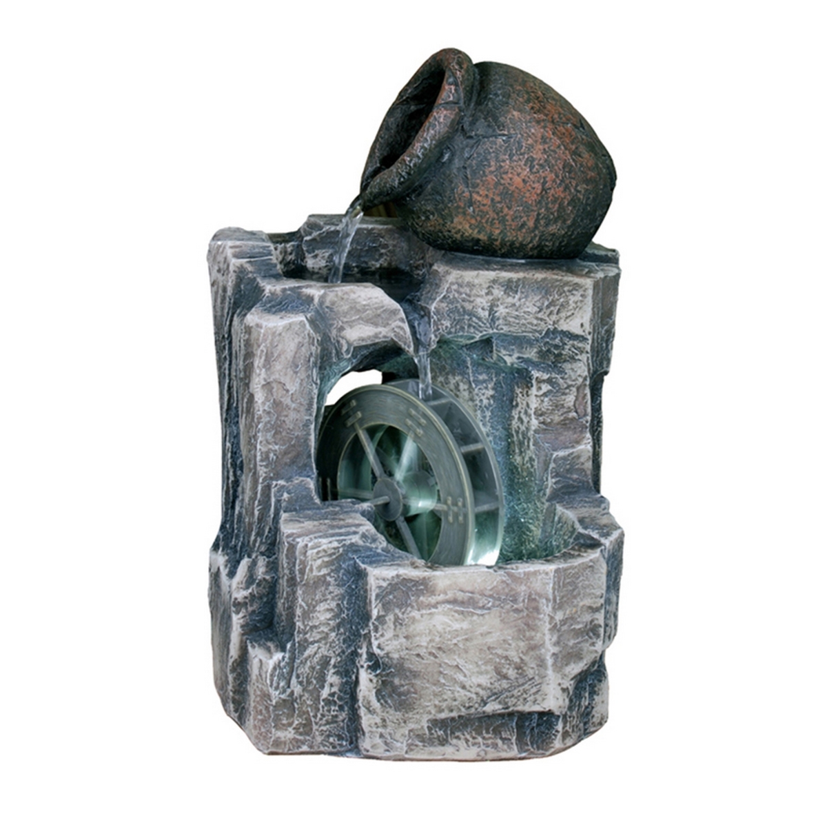 Picture of Benjara BM311749 12 in. Tay Tabletop Water Fountain&#44; Wheel Mill&#44; LED Lighting - Rustic Gray
