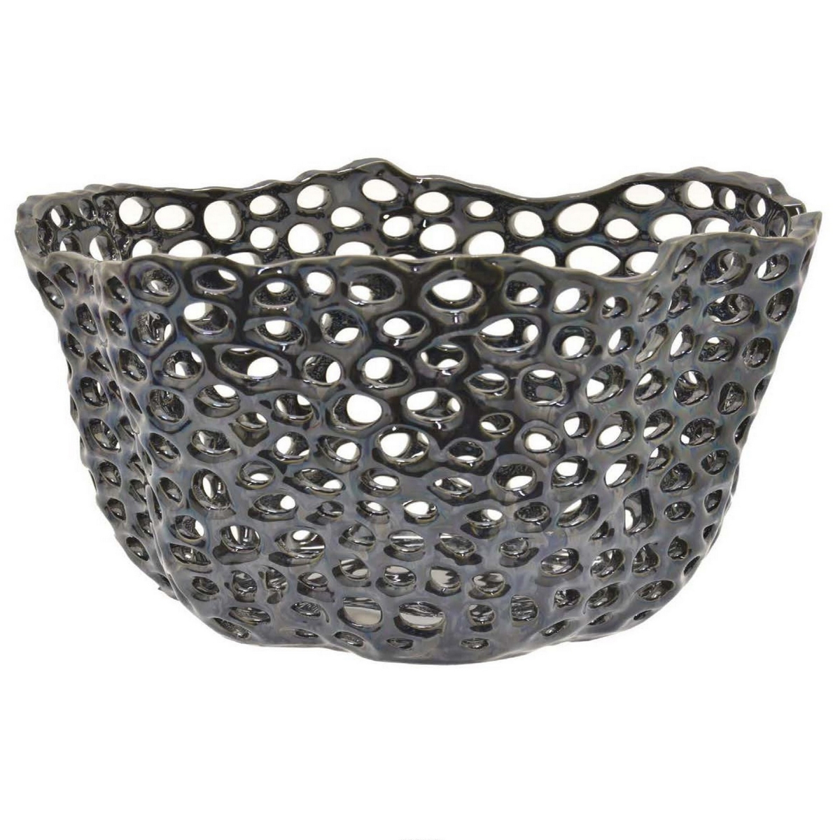 Picture of Benjara BM312697 Hina 14 in. Decorative Bowl - Mesh Design - Wavy Edges - Ceramic - Blue Finish
