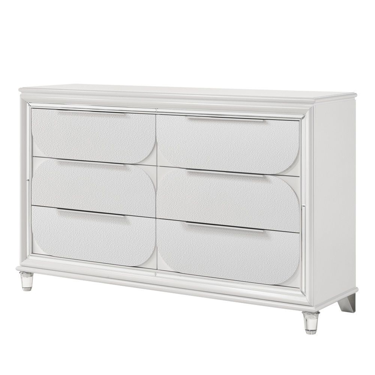 Picture of Benjara BM312378 64 in. Rara Wide Dresser with 6 Drawers&#44; Mirror Trim & Acrylic Legs&#44; White & Silver