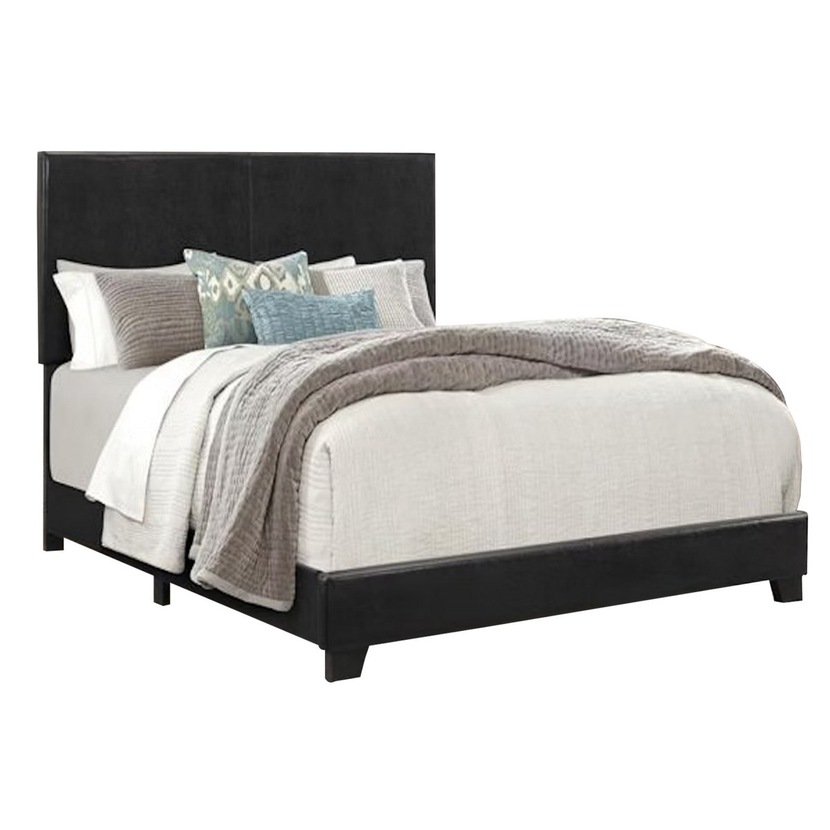 BM311844 Shirin Nailhead Trim Queen Size Bed, Wood - Upholstered Headboard - Black -  Benjara