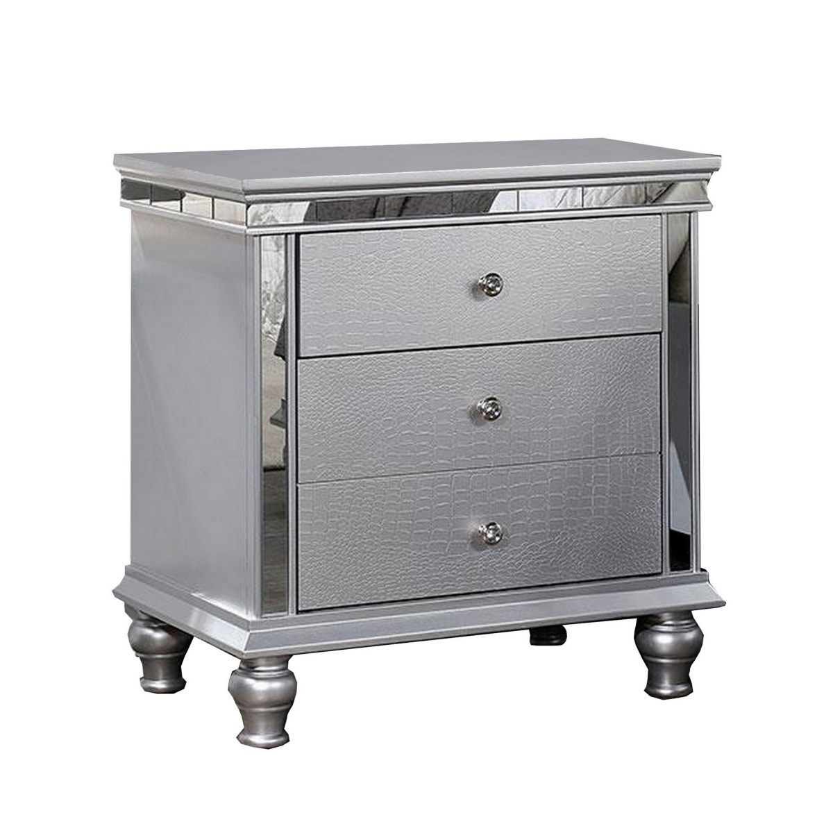 Picture of Benjara BM312121 28 in. Carlos 3 Drawers Mirrored Nightstand&#44; Crocodile Texture - Silver