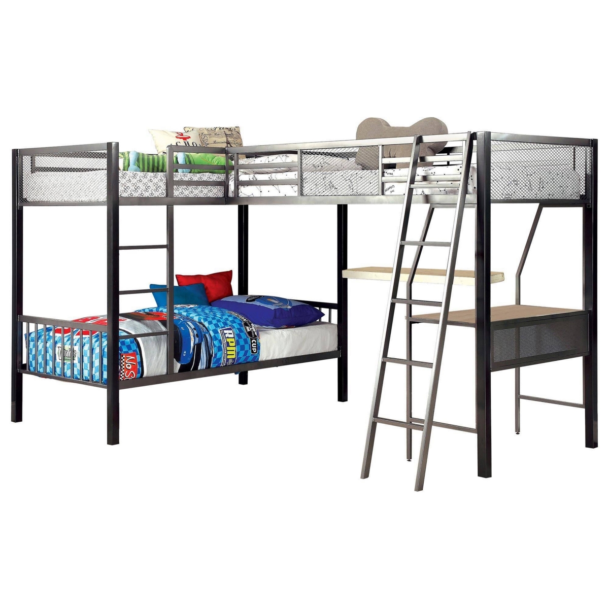 Picture of Benjara BM312140 Triple Twin Size Bunk Beds with Desk & Ladders&#44; Silver Metal Frame