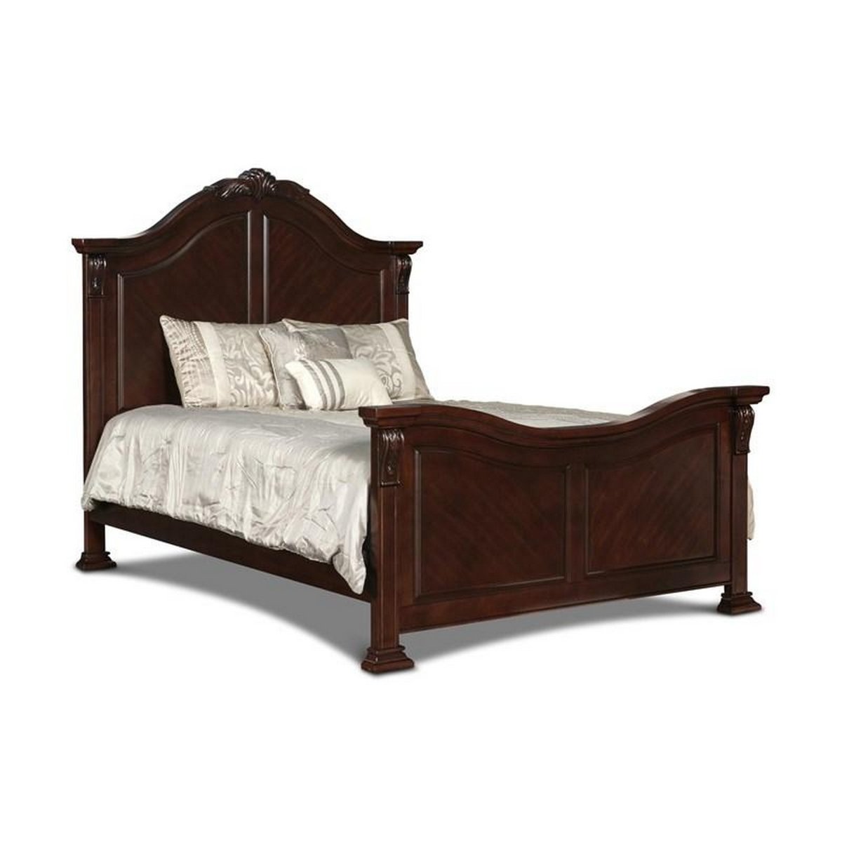 BM308834 Eiel Bed with Curved Headboard, Carved Crown Top Design, Wood, Brown - Queen Size -  Benjara