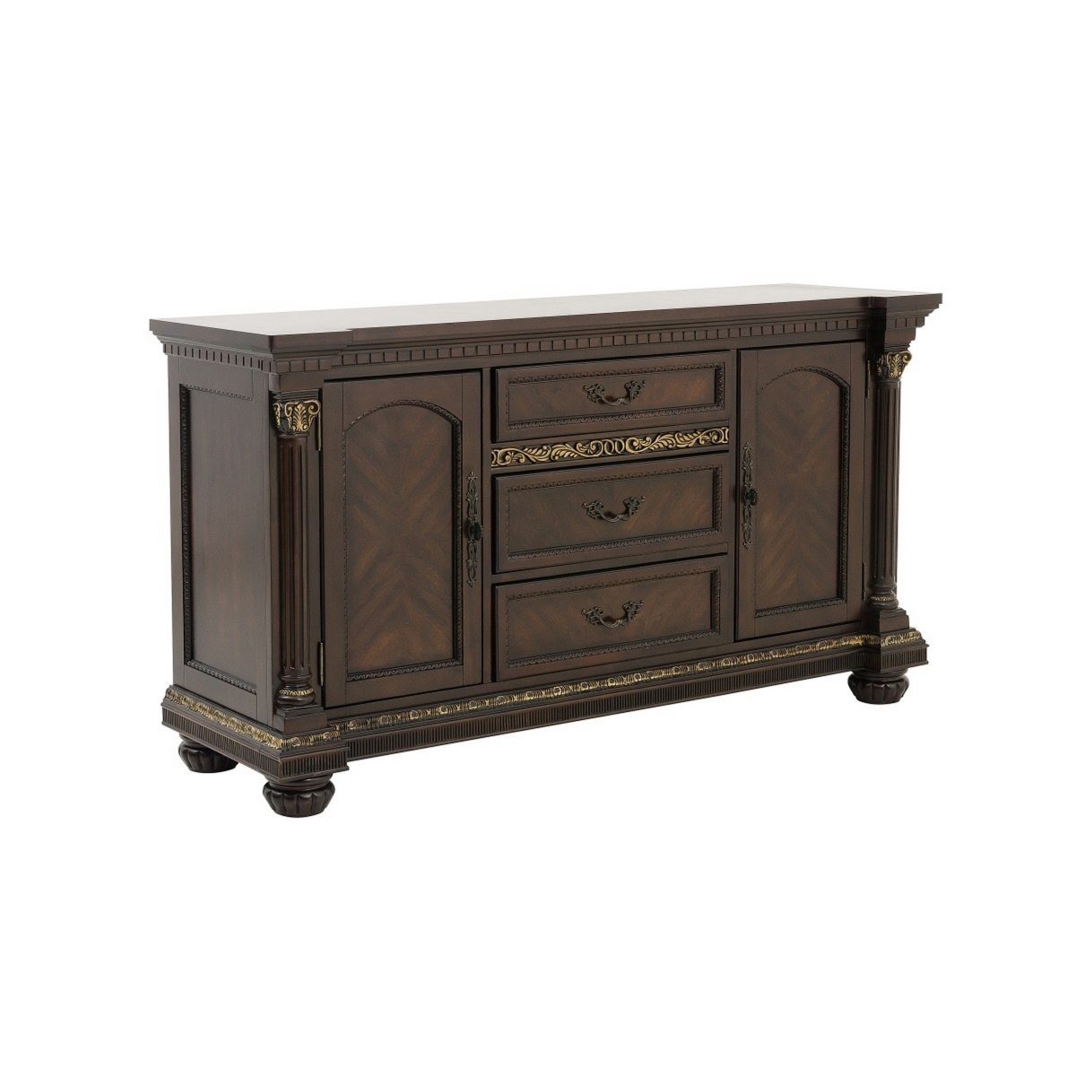 Picture of Benjara BM314579 66 in. Hilton Buffet Console&#44; 3 Drawers&#44; 2 Cabinets - Cherry Brown & Gold