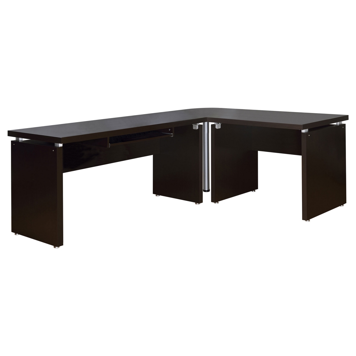 Picture of Benjara BM315273 83 in. Niti L Shape Computer Office Desk with Slide Out Keyboard Tray - Cappuccino Brown & Silver