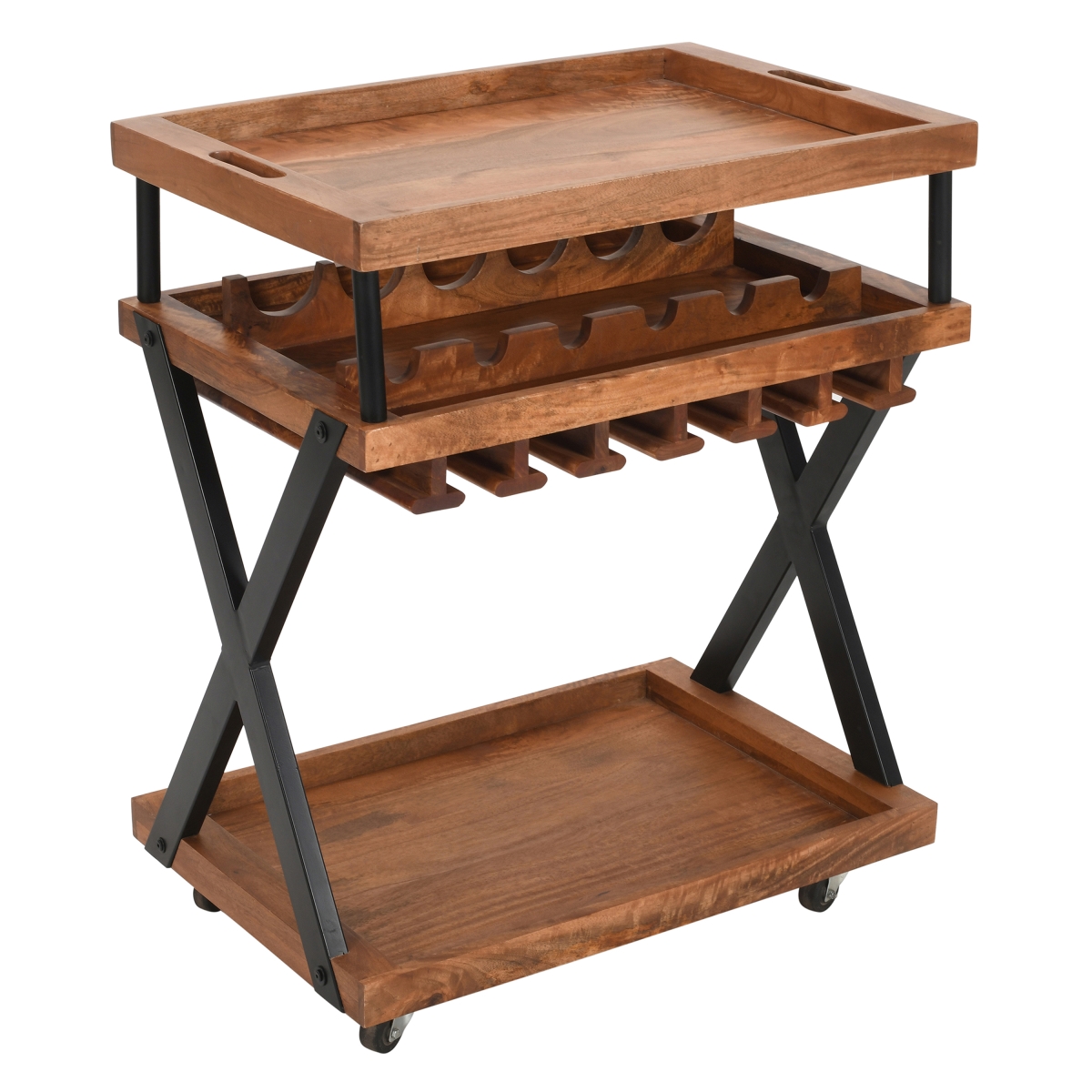 Picture of The Urban Port UPT-296157 30 in. Natural Brown & Black Mango Wood Rolling Wine Bar Cart with 2 Tray Tops&#44; Stemware Rack & Bottle Holder