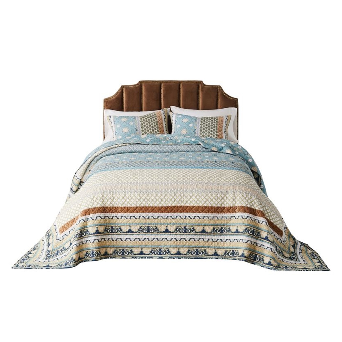 Picture of Benjara BM319670 3 Piece Ello Queen Size Bedspread & Pillow Sham Set - Bohemian Print - Blue&#44; White & Yellow