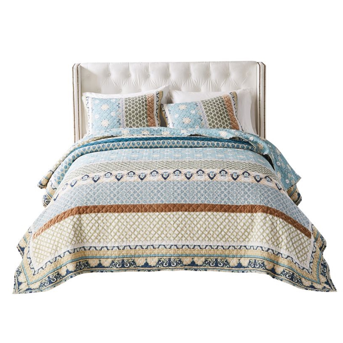 Picture of Benjara BM319673 3 Piece Ello King Size Quilt & Pillow Sham Set - Bohemian Print - Blue&#44; White & Yellow