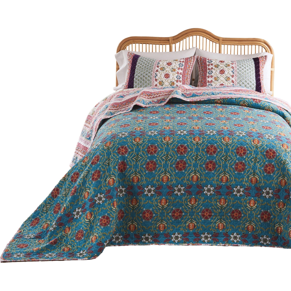 Picture of Benjara BM319676 3 Piece Ello King Size Bedspread & Pillow Sham Set - Red Blue Bohemian Stripes - Multi Color