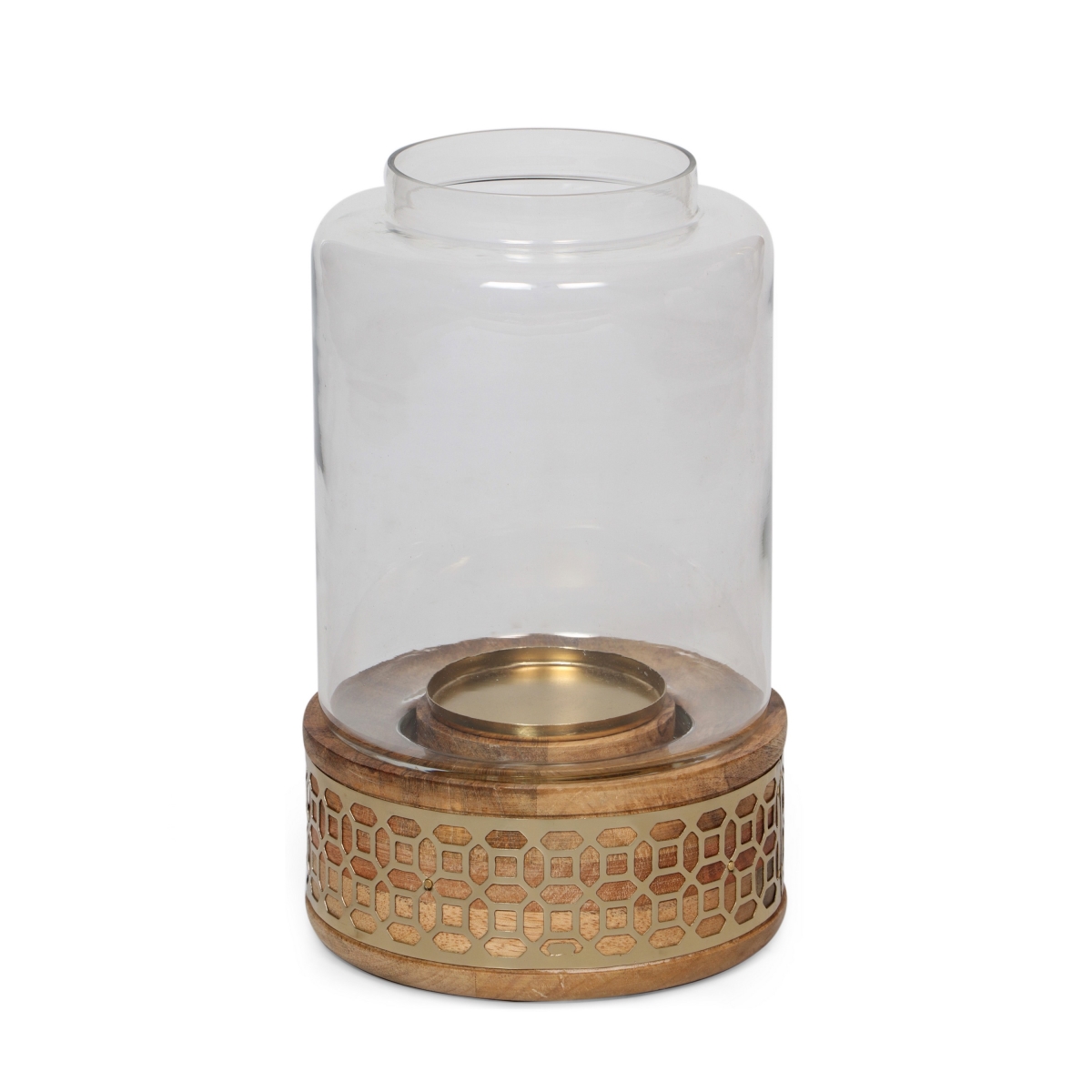 Picture of Benjara BM323815 15 in. Roco Round Floral Design Patina Black Iron Decorative Lantern&#44; Natural Brown&#44; Clear & Gold
