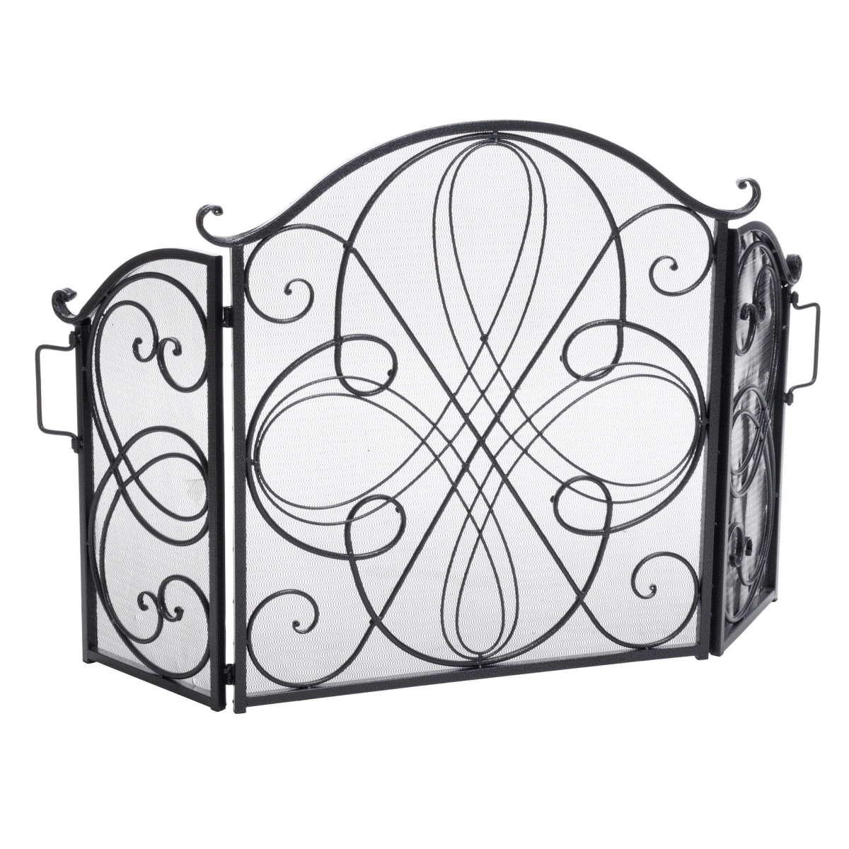 Picture of Benjara BM323821 57 in. Fireplace Screen&#44; 3 Panel Scrolled Mesh - Black Silver Iron