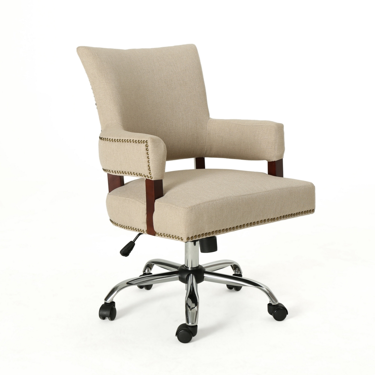 Picture of Benjara BM324487 Lini Nail Head Trim Swivel Chrome Rolling Office Chair - Beige&#44; Metal & Fabric
