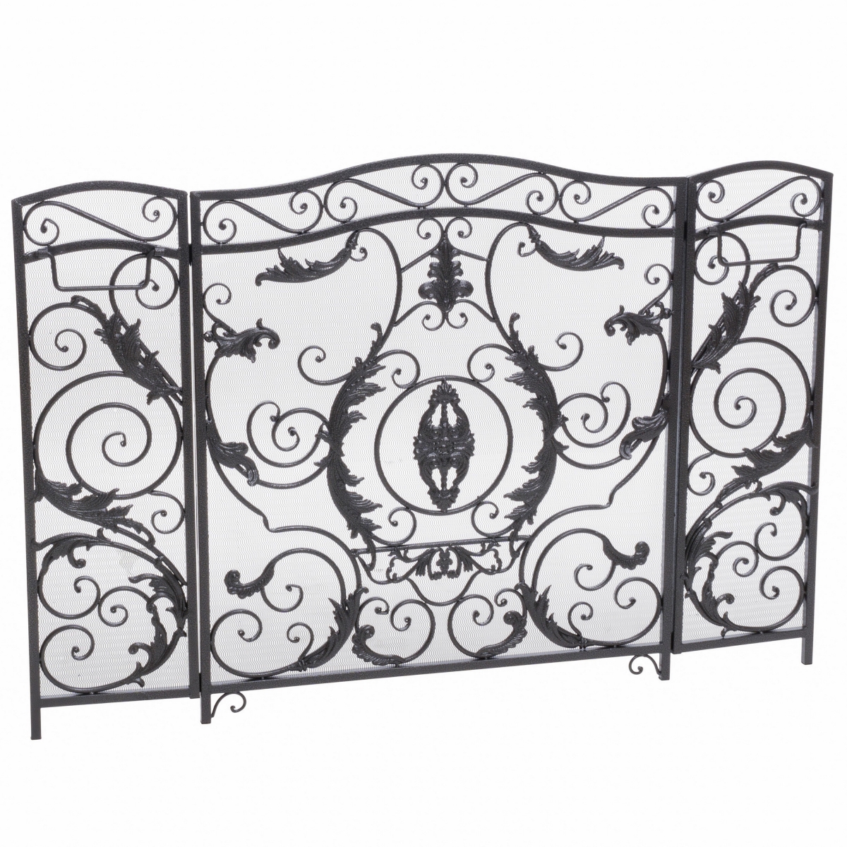 Picture of Benjara BM324925 Scrollwork Mesh Design Fireplace Screen&#44; Iron with Black & Silver Finish