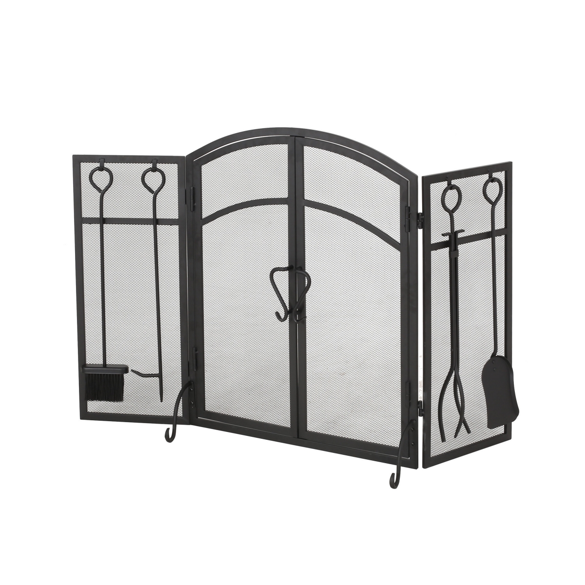 Picture of Benjara BM325004 Tri Fold Fireplace Screen with Tool Set&#44; Fine Mesh - Black Doors - 4 Piece