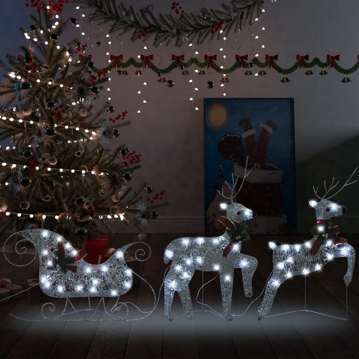 Picture of Benjara BM325803 Outdoor Christmas Reindeer & Sleigh Decoration&#44; 60 Silver LED Lights