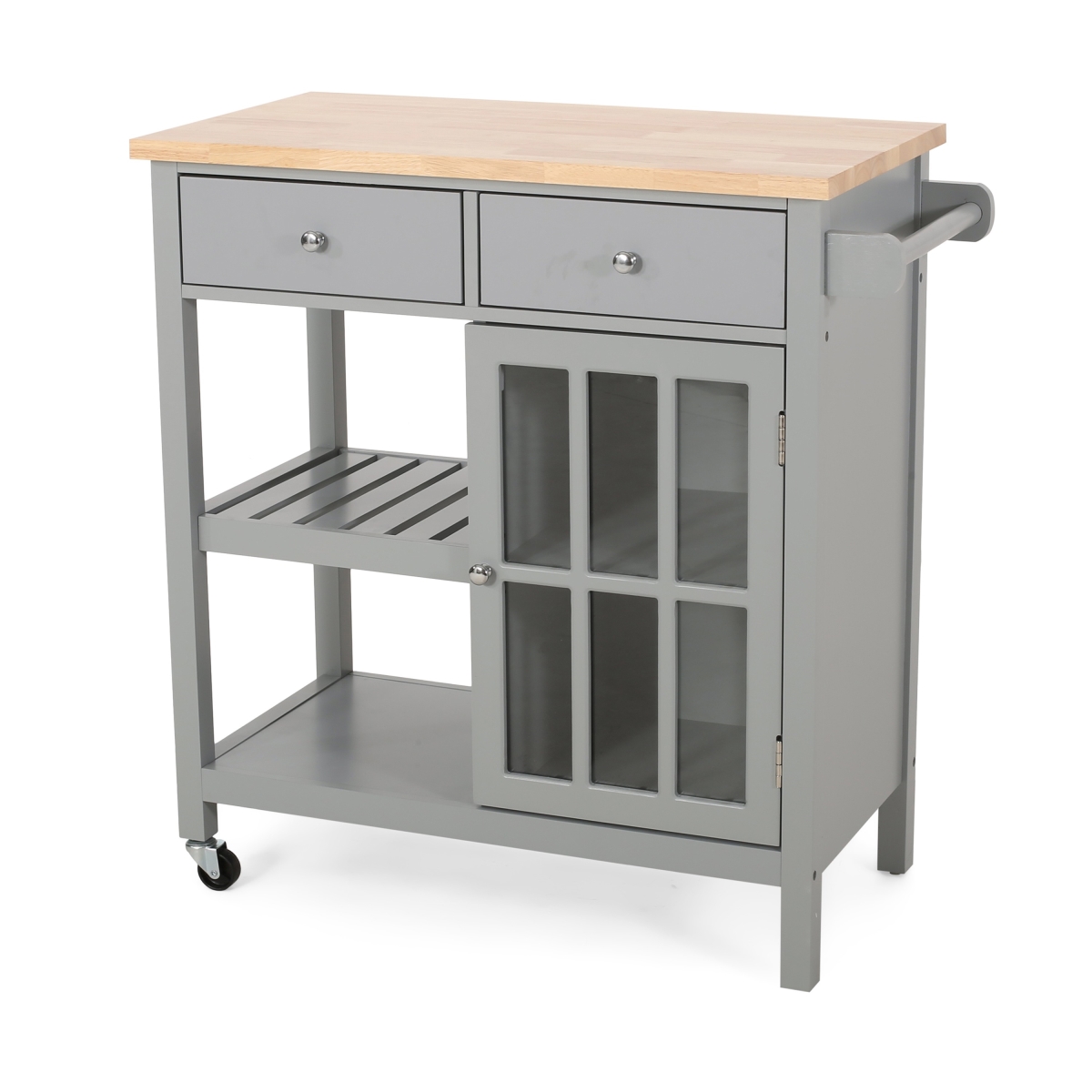 Picture of Benjara BM325981 Rolling Kitchen Island Bar Cart&#44; 1 Glass Door - Gray & Natural Brown