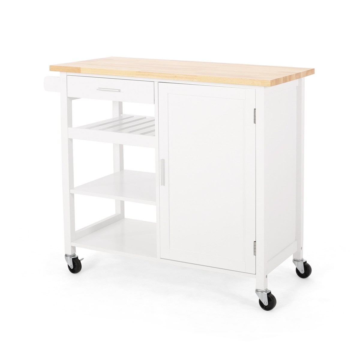 Picture of Benjara BM325993 Alex Rolling Wood Kitchen Island Bar Cart with Shelves&#44; White&#44; Natural Brown & Silver