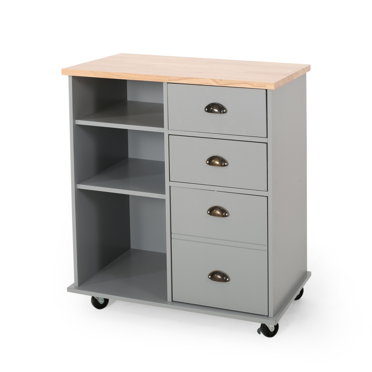 Picture of Benjara BM326020 Rolling Kitchen Island Bar Cart&#44; Drawers Shelves with Wheels - Gray&#44; Natural Brown & Bronze