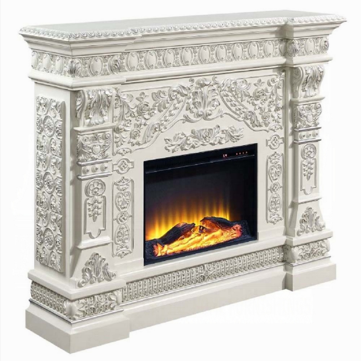 Picture of Benjara BM324366 62 in. Kin LED Electric Fireplace with Floral Carvings&#44; Antique White