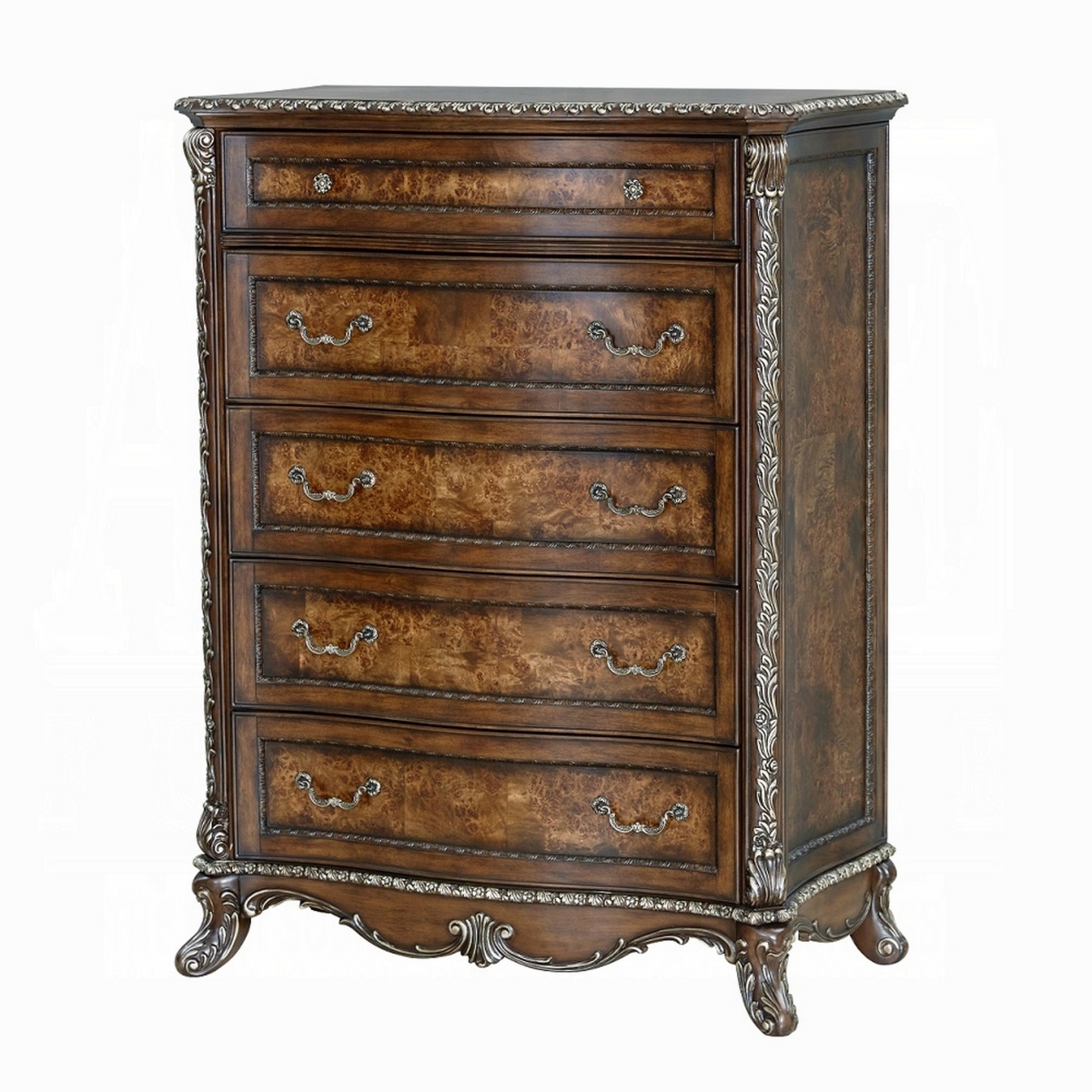 Picture of Benjara BM324712 Vany Tall Dresser Chest with Traditional Floral Trim&#44; Cherry & Brown