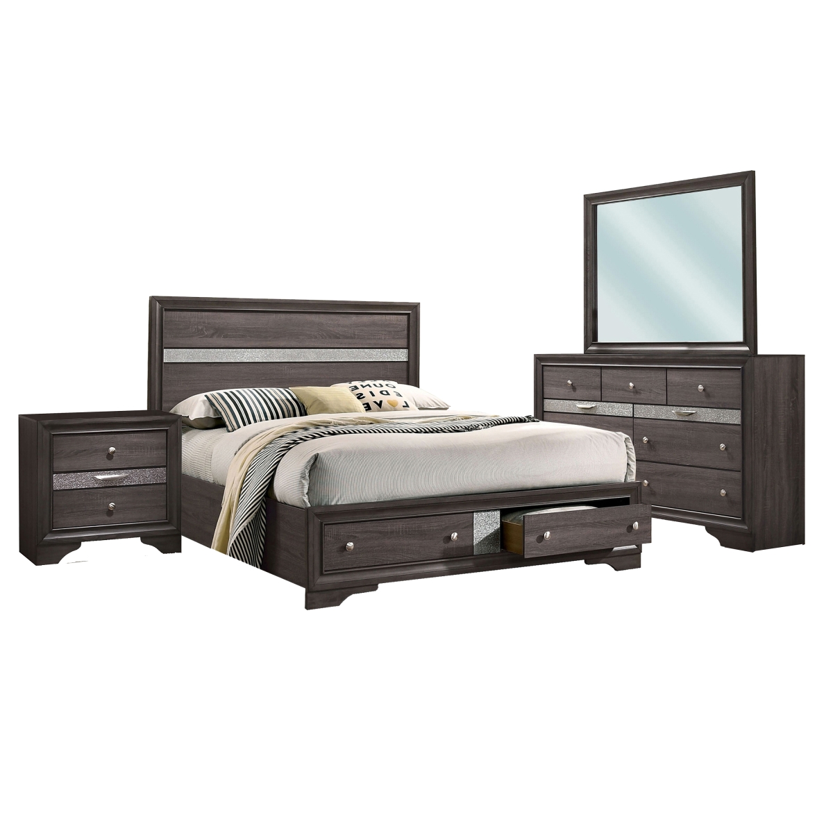 Picture of Benjara BM329311 Isy 4 Piece King Size Bedroom Set with Silver Accent Knobs&#44; Contemporary Gray