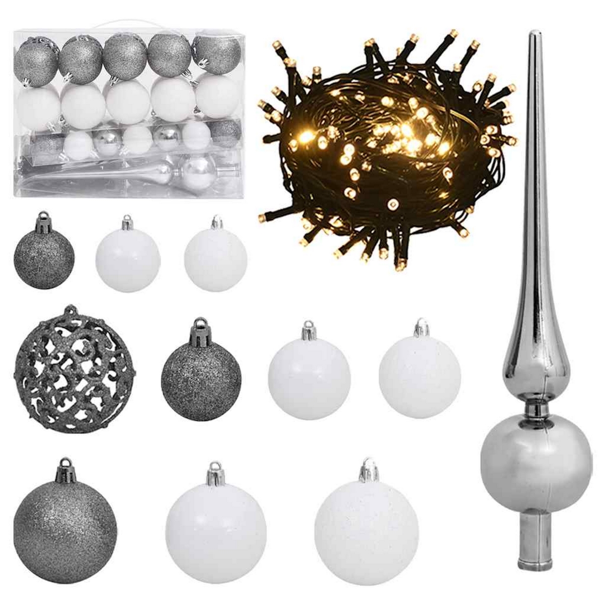 Picture of Benjara BM325966 61 Piece Christmas Ornament Set with Topper & LED String Lights&#44; White & Silver