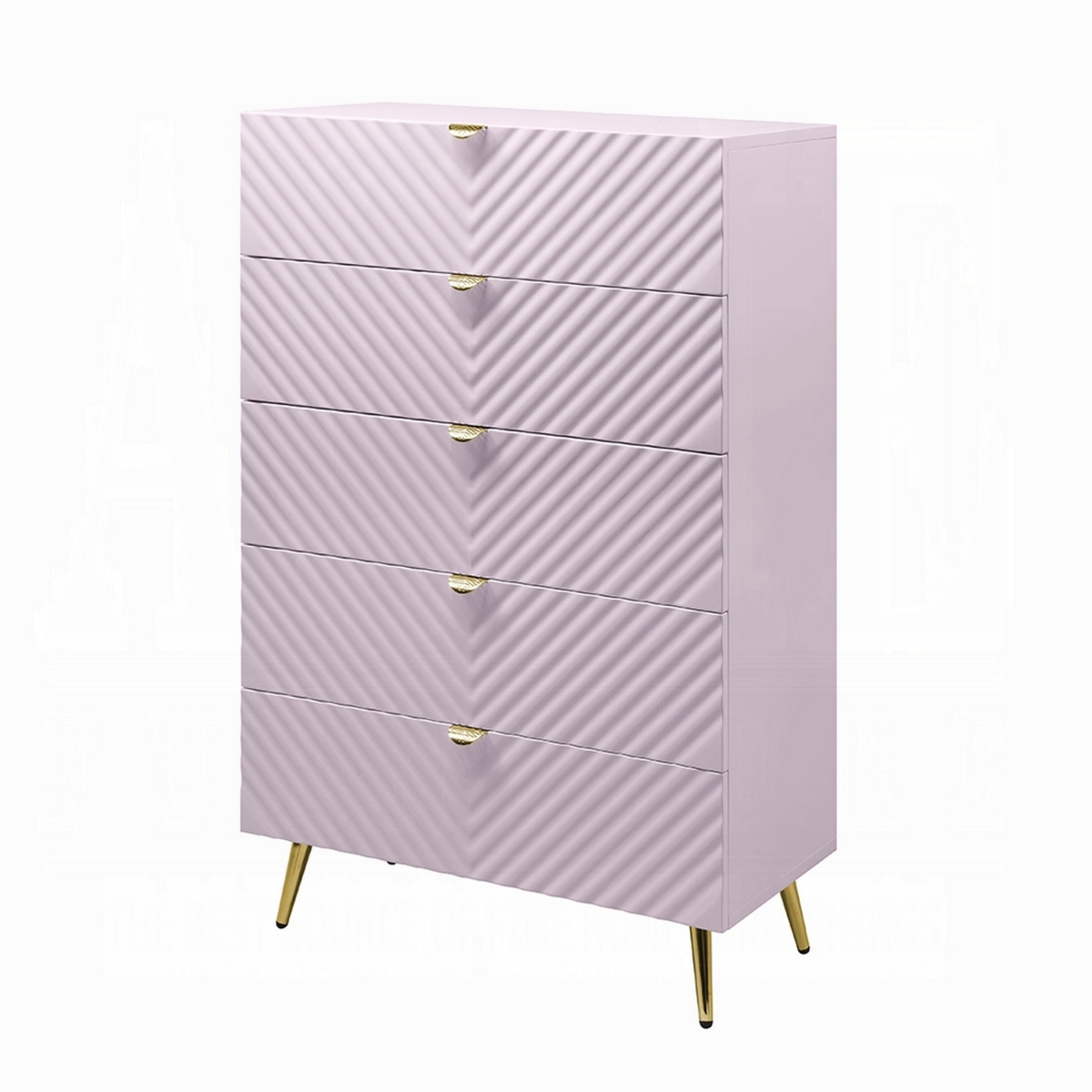Picture of Benjara BM327227 Tyra Tall Dresser Chest with 5 Drawers&#44; Gold & Gloss Pink Chevron Pattern