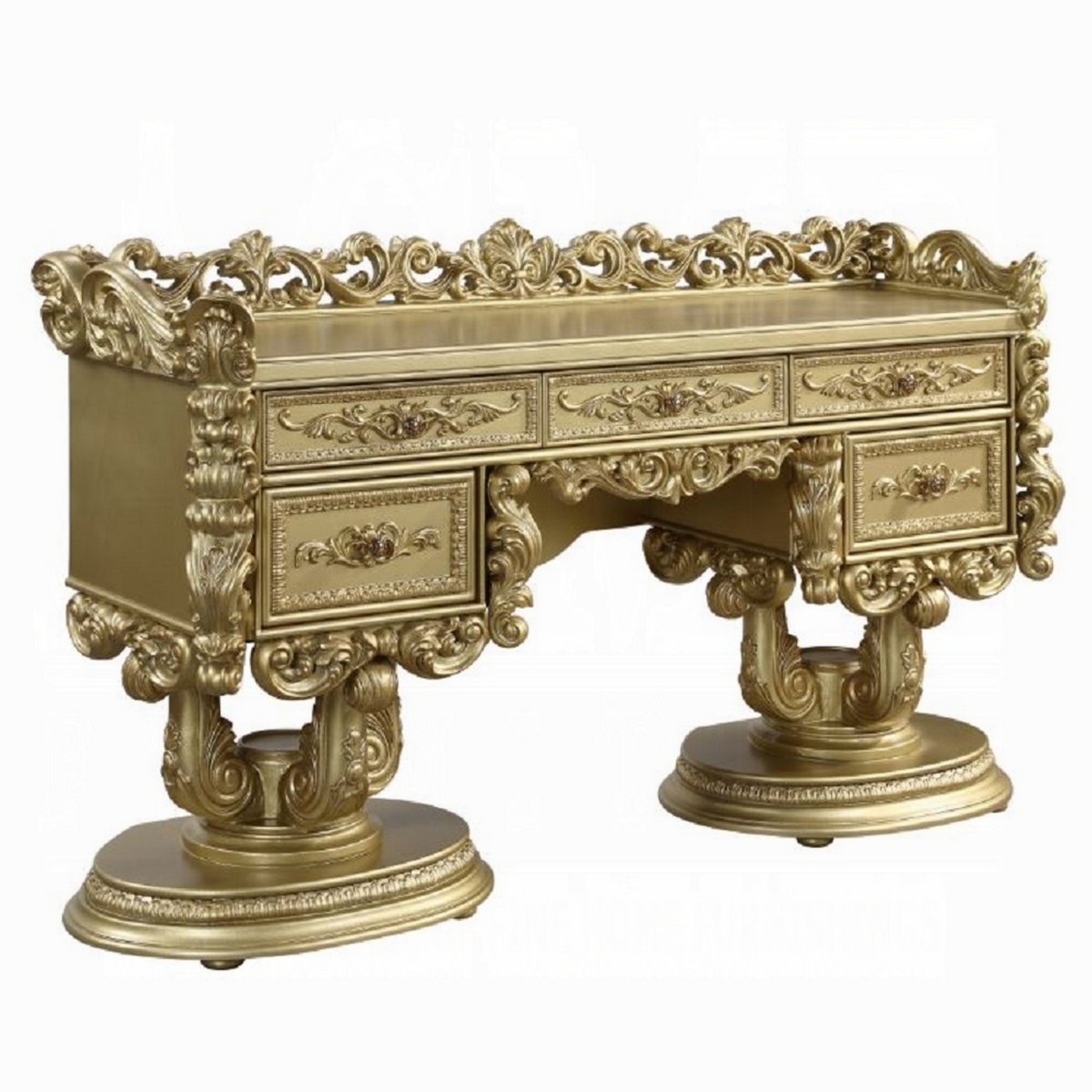 Picture of Benjara BM324402 74 in. Rexx Vanity Desk with 5 Drawers & Ornate Carvings&#44; Gold Wood